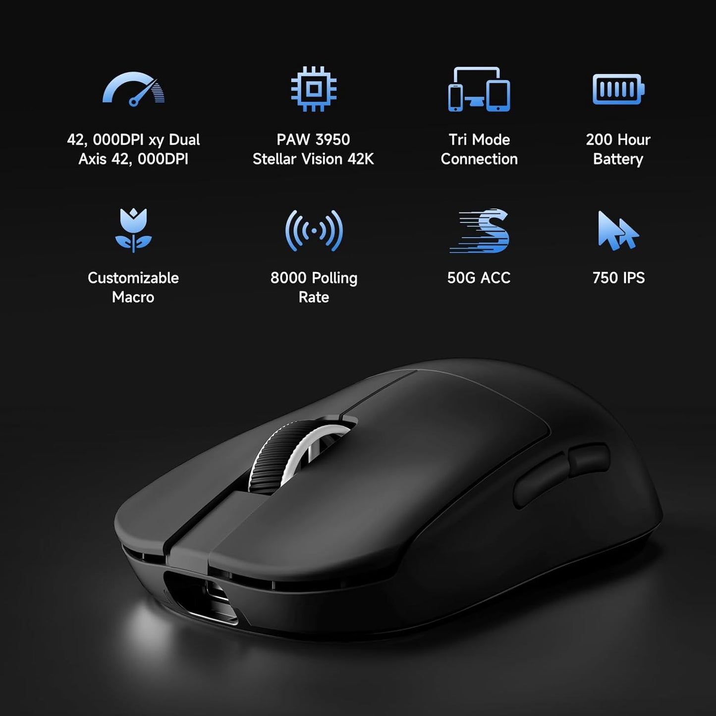 MCHOSE L7 Ultra+ Wireless Gaming Mouse, Lightweight 48g, Ergonomic Mouse with 42K DPI, PAW3950, Optical Switch, 20000 FPS, Dual 8K Polling and 7 Programmable Buttons, 3-Mode Connect, PC/Mac - Black