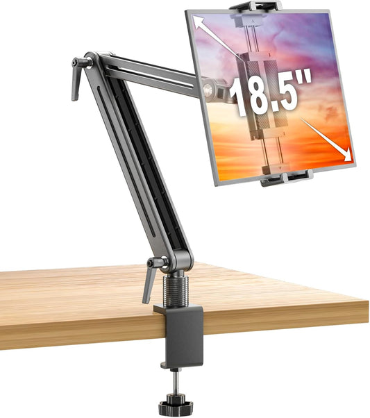 Portable Monitor Arm Mount Holder Screen Stand 18.5" 360° Rotating Base | Solid Aluminum,Tool-Free Tilt,No Sagging,Zero Plastic Joints,Hybrid Lock,Desk Protection Clamp for WFH Setups & Coding
