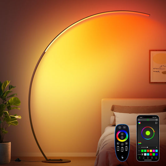 RGB Floor Lamp with 3 Color Temperatures, Ultra Bright 1800LM Smart Arc LED Floor Lamp with Remote Control, Music Sync, Scene Modes, Modern Standing Tall Lamp for Bedroom Living Room Gaming Room-Brown