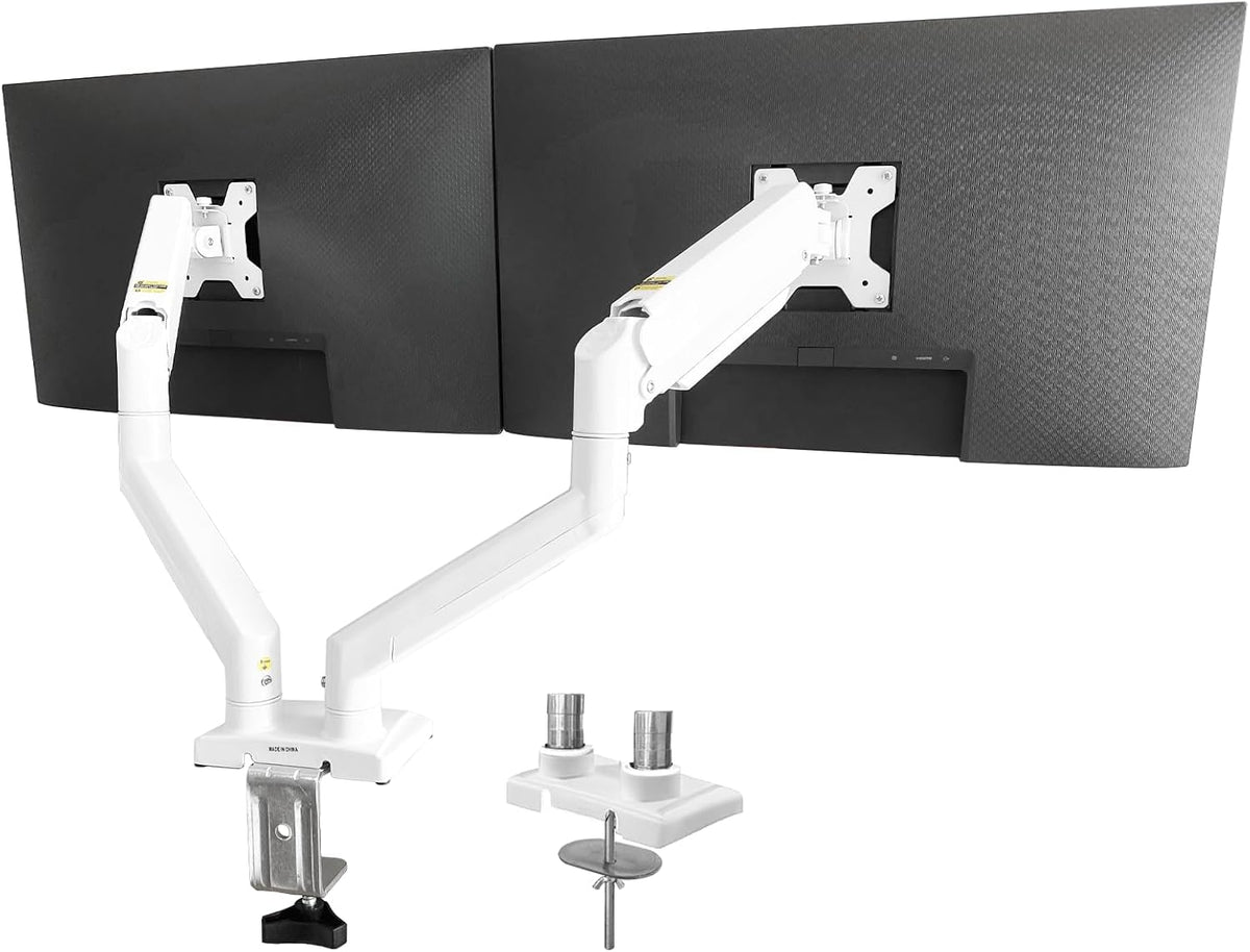 Dual Monitor Arms, Gas Spring Monitor Arms for 2 Monitors up to 34" Curved/Flat, 22lbs per Arm, VESA Mount 75x75 100x100mm, C-Clamp & Grommet Base, Adjustable Tilt/Swivel/Rotation White