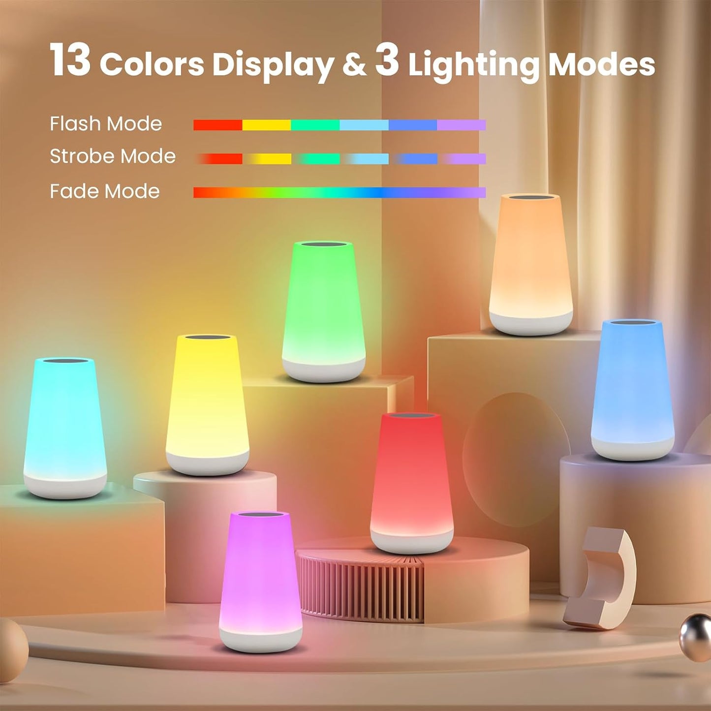 THAUSDAS Telecontrol Night Light Touch Lamp: 13 Colors, 5 Brightness, White | TableBedside Lamp 1500mAh USB Rechargeable - 3 Lighting Modes, 1/2/4/6H Auto - Off For Nursery & Bedroom & Camping