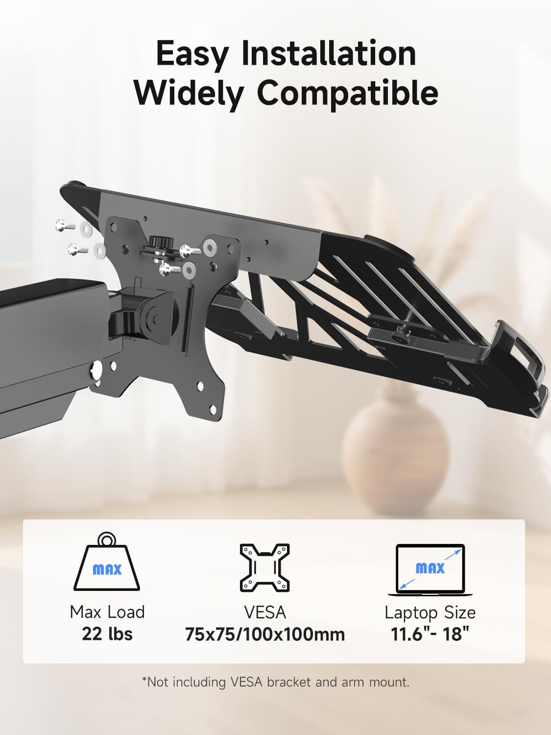suptek Laptop Tray Adjustable 13 to 18 inch VESA Arm Mount Tray for Monitor Arms and Stands (Tray Only),Fits 75x75/ 100x100 mm VESA Mount Holes,and Supports Weight up to 22lbs,Black(TP0071)