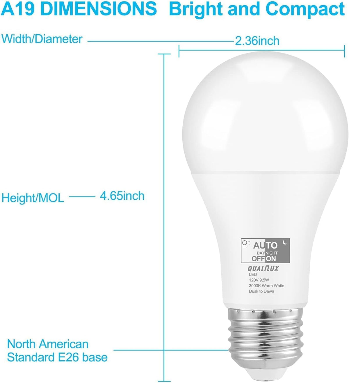 Qualilux Dusk to Dawn A19 LED Light Bulbs Outdoor, Automatic On/Off, 60W Equivalent, Warm White 3000K, Energy Efficient 9.5W, 850 Lumen, E26 Base, 4-Pack, HQ-H009