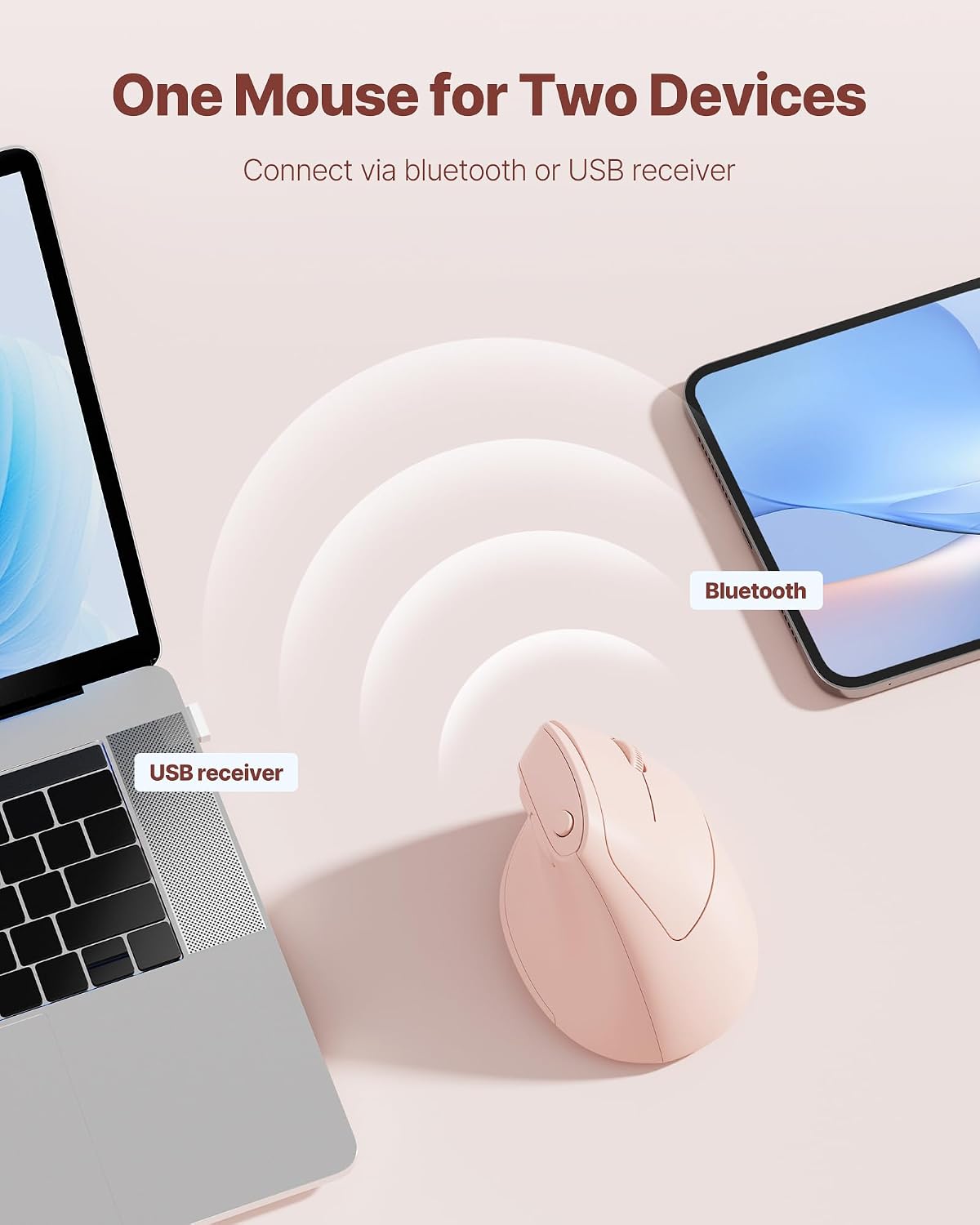 Ergonomic Mouse, USB+Bluetooth Dual Connection, Wireless Vertical Mouse for Reducing Wrist Pain, 1000/1600/2400 DPI, Ergo Mouse with Quiet Click for Windows Mac OS PC Computer Laptop, Pink