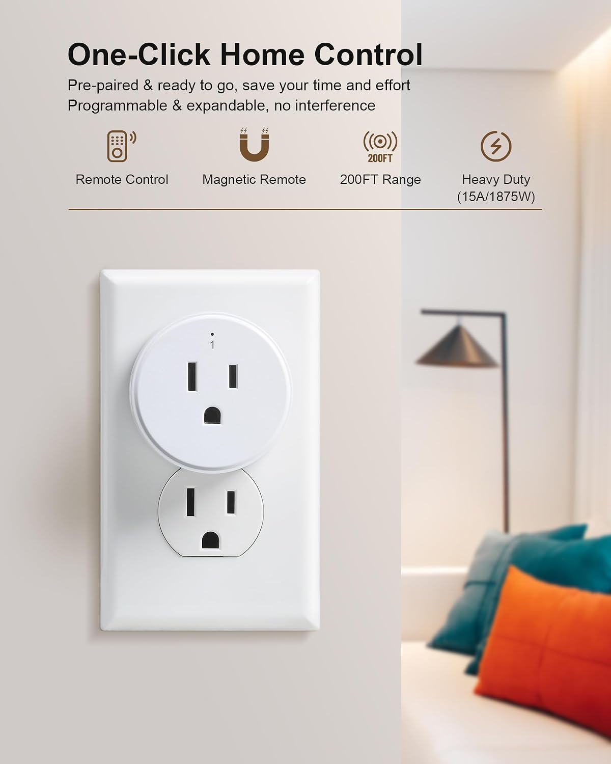 Remote Control Outlet with All ON/Off Portable Magnetic Switch | 200FT Wireless Range, Mini Round Outlet Plug, 15A/1875W, for Lamps/Lights/Household Appliances, FCC listed, Pre-Programmed