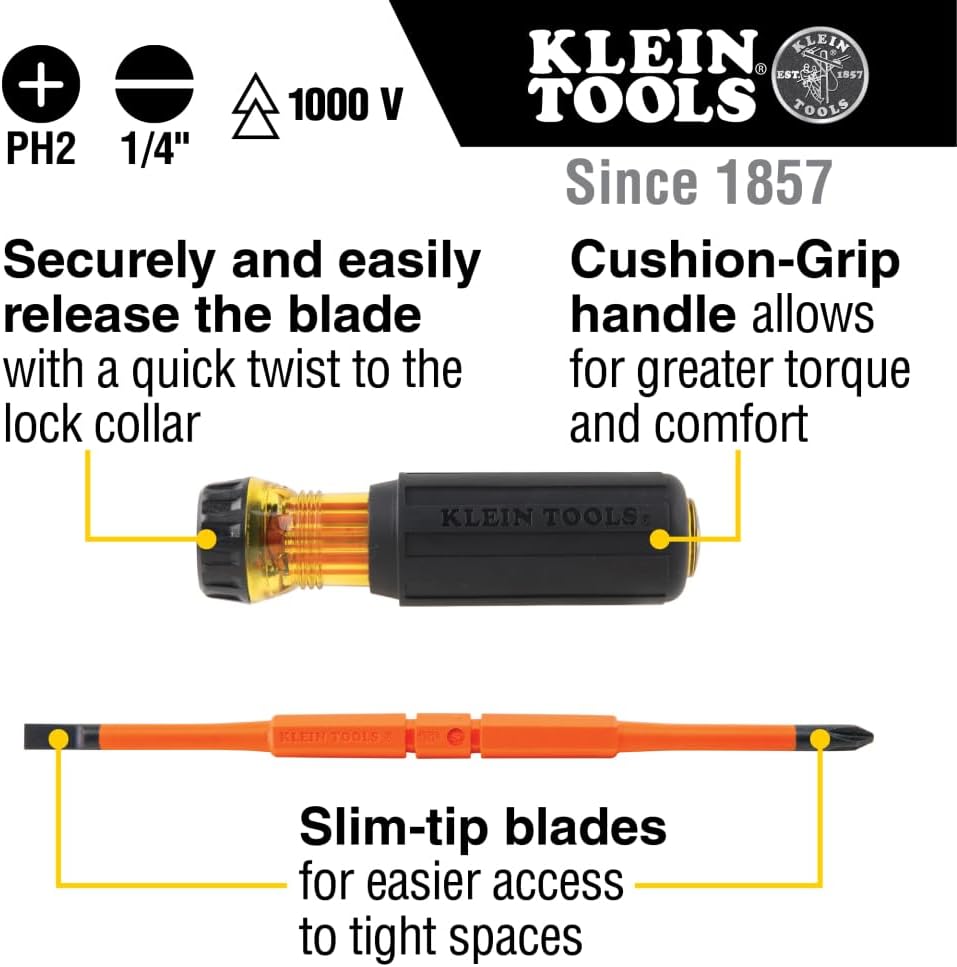 Klein Tools 32293 Insulated Screwdriver, 2-in-1 Screwdriver Set with Flip Blade, #2 Phillips and1/4-Inch Slotted Tips, Double-Ended Blades