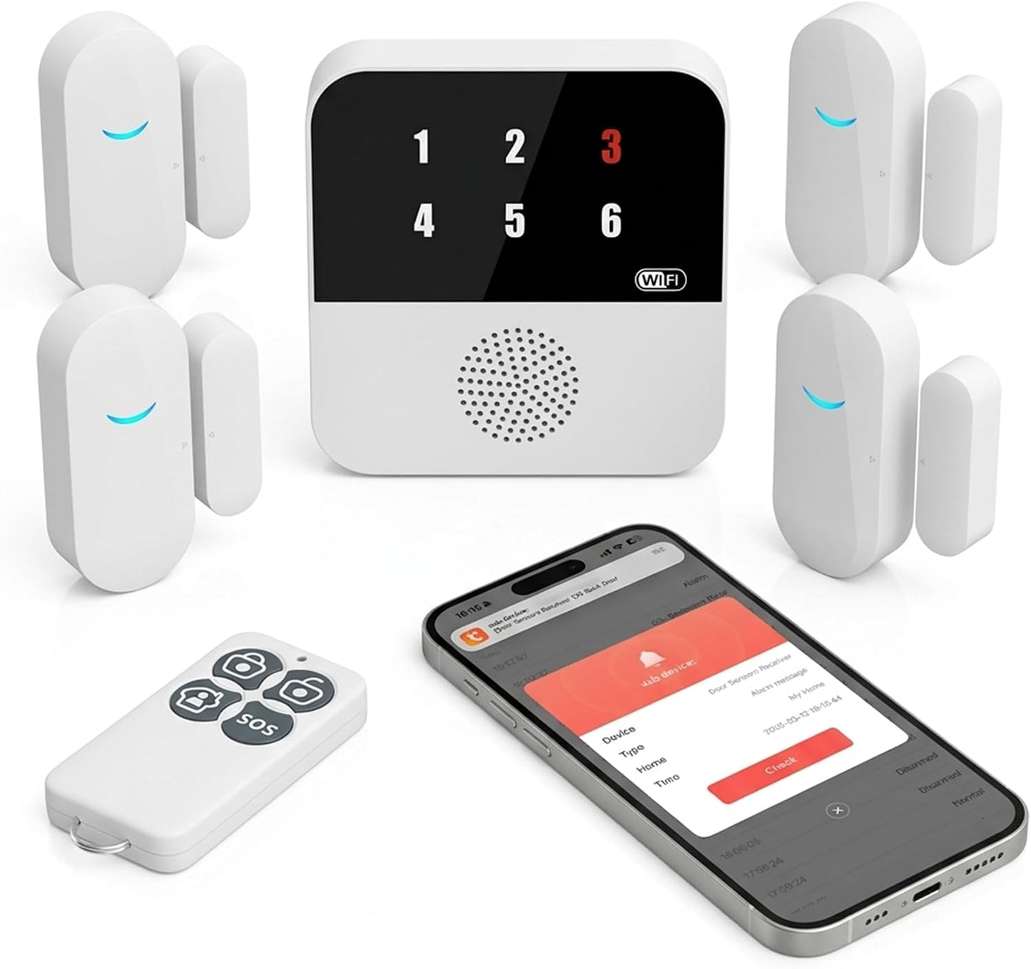 PILSAMAS Wi-Fi Smart Door and Window Alarms for Dementia Wandering Seniors | 1 Receiver 4 sensors 1 remote, App alerts, ID display caregiver pager, Whole home door sensor chime for kid, Toddler security