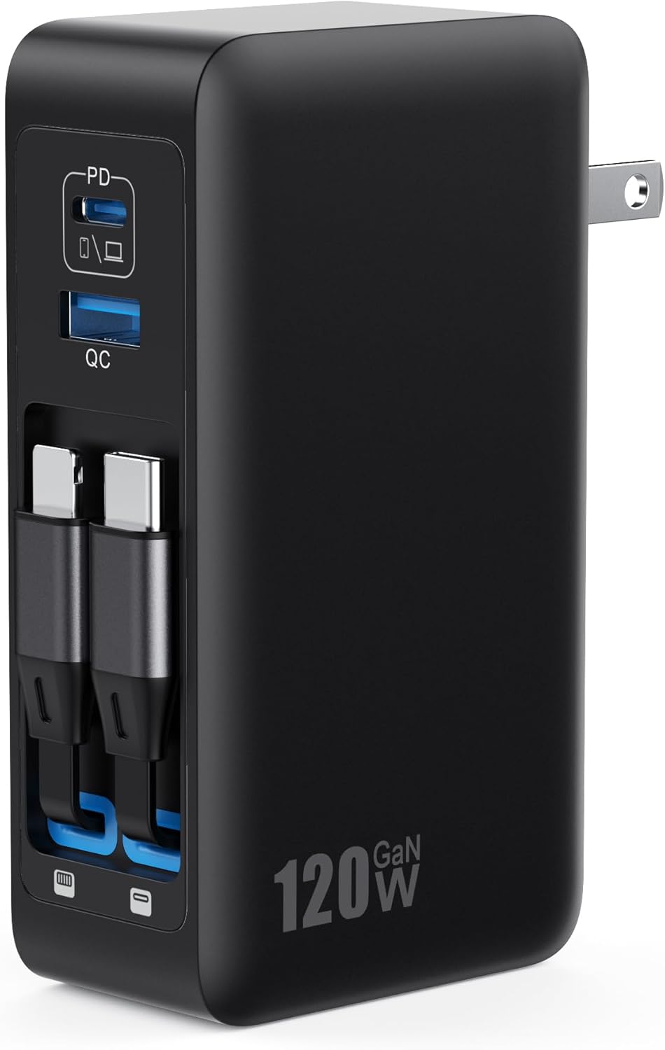 USB C Charger Block 120W with Built-in 2 Retractable Cables,4-in-1 GaN IV Charger Fast Charging Foldable Plug Wall Charger,PD 65W Laptop Charger for MacBook,iPad,iPhone 17/16/15/14,Galaxy,Android etc