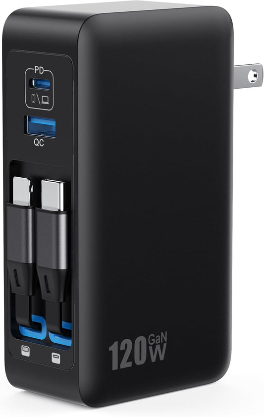 USB C Charger Block 120W with Built-in 2 Retractable Cables,4-in-1 GaN IV Charger Fast Charging Foldable Plug Wall Charger,PD 65W Laptop Charger for MacBook,iPad,iPhone 17/16/15/14,Galaxy,Android etc