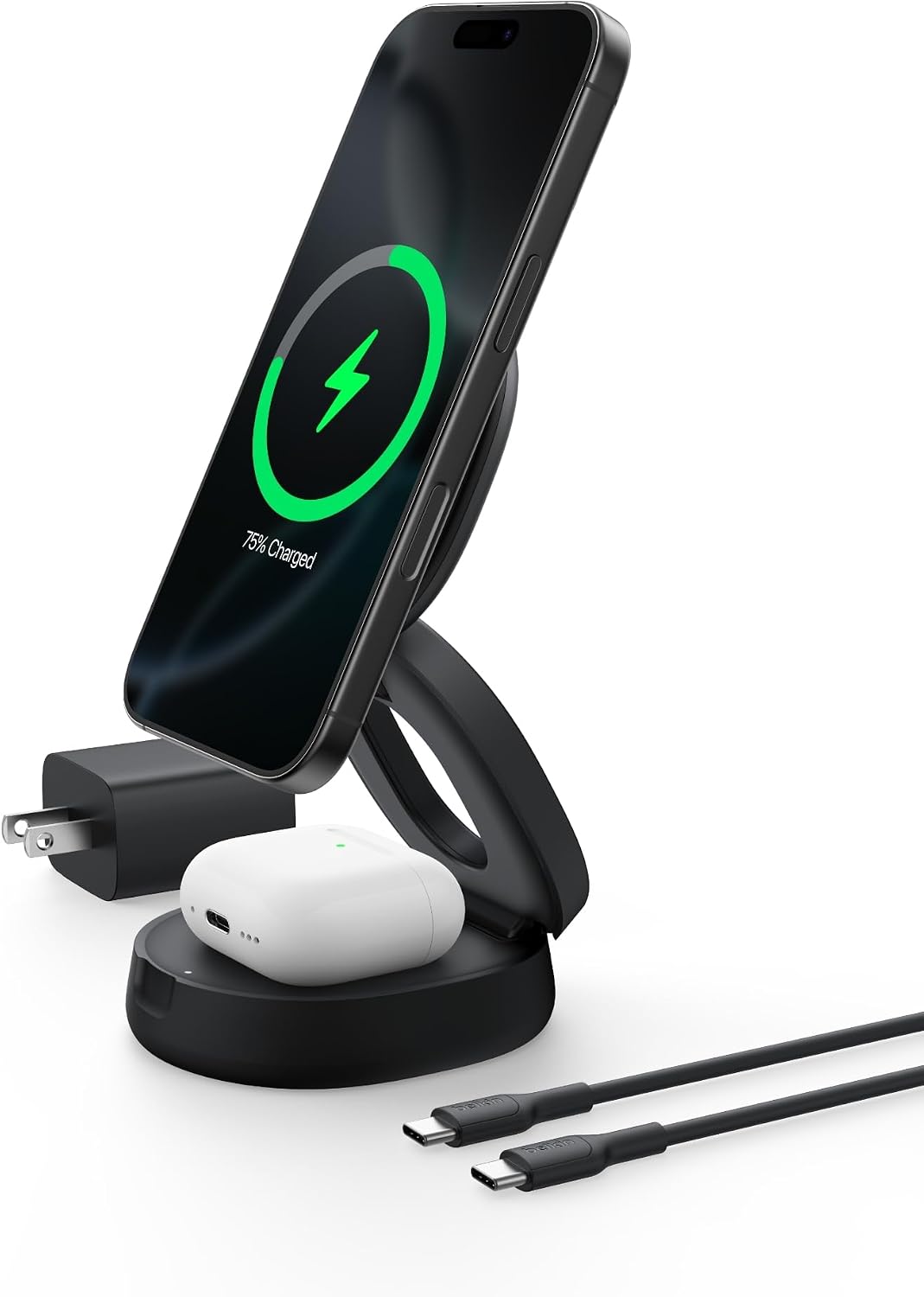 Belkin Qi2 15W Wireless Fast Charging Station, 2 in 1 iPhone Charger | Fast Charging, MagSafe Compatible, iPhone 17/16/15, AirPods, Travel Charger, Magnetic