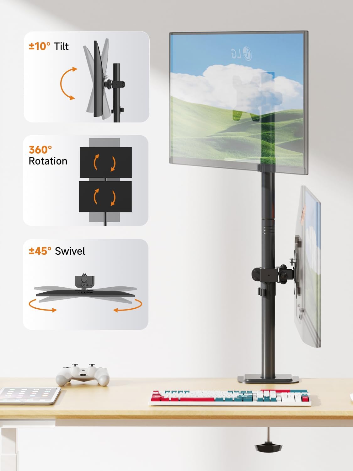 Bracwiser Dual Vertical Fully Adjustable Monitor Arm Stand Mount Fits Two Screen 13-32 inch 22lbs for Monitor Computer Screen 13 15 17 19 20 22 23 24 26 27 32 inch VESA 75 100 (MD7802)