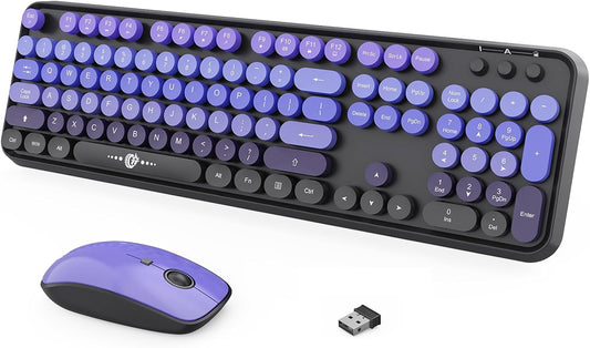 Wireless Keyboard and Mouse Combo,Retro Typewriter Style Round Keys,Purple