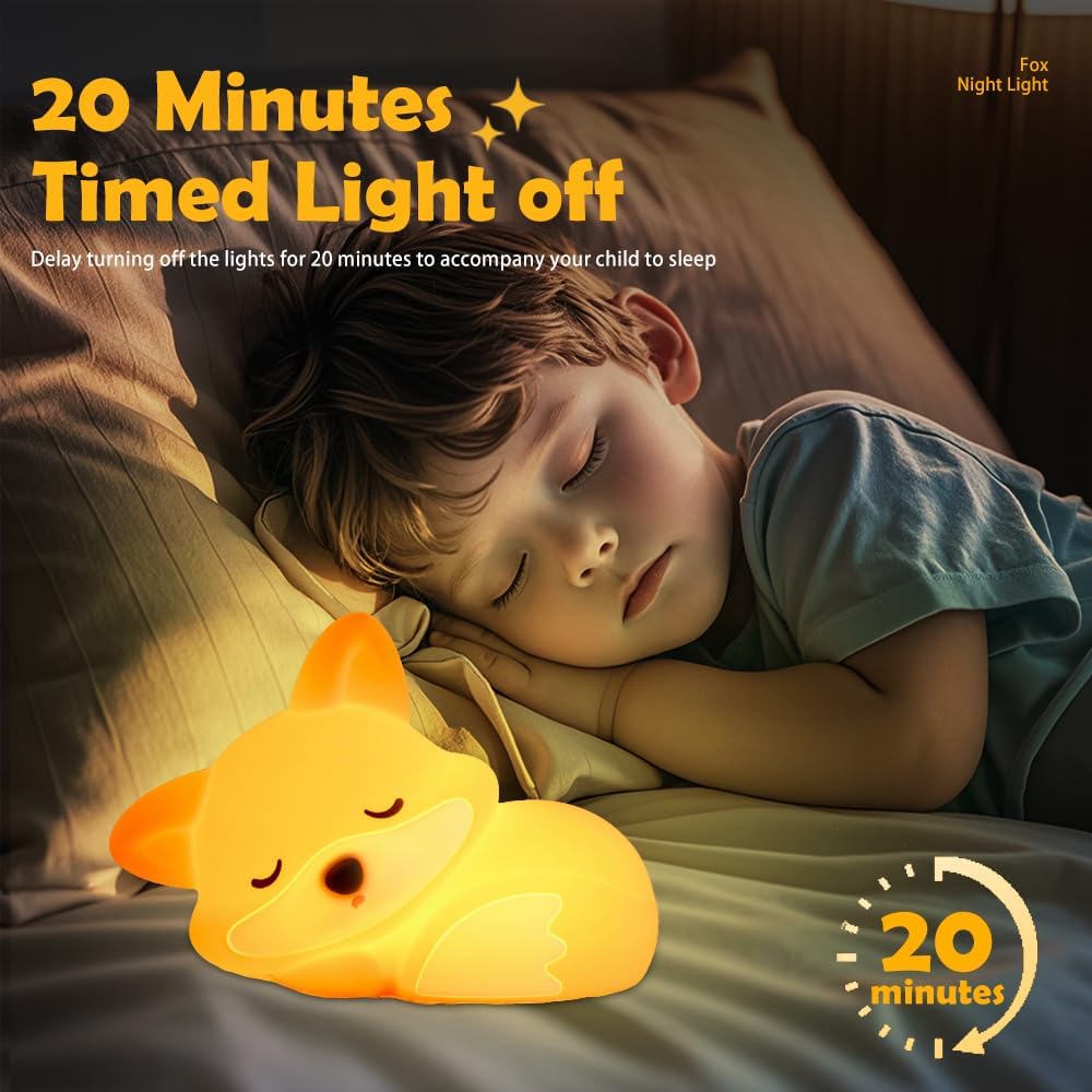 S NMT Cute Silicone Fox Night Light for Kids, Rechargeable Sleeping Nursery Nightlights with Timing Function for Christmas Gift, Dimmable Beside Decoration Lamp