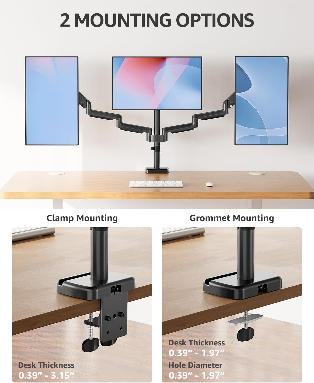 MOUNTUP Triple Monitor Stand Mount - 3 Monitors Desk Mount for Computer Screens Up to 27 inch, Triple Monitor Arm, Heavy Duty Monitors Stand, Each Arm Holds 4.4-19.8 lbs, Black