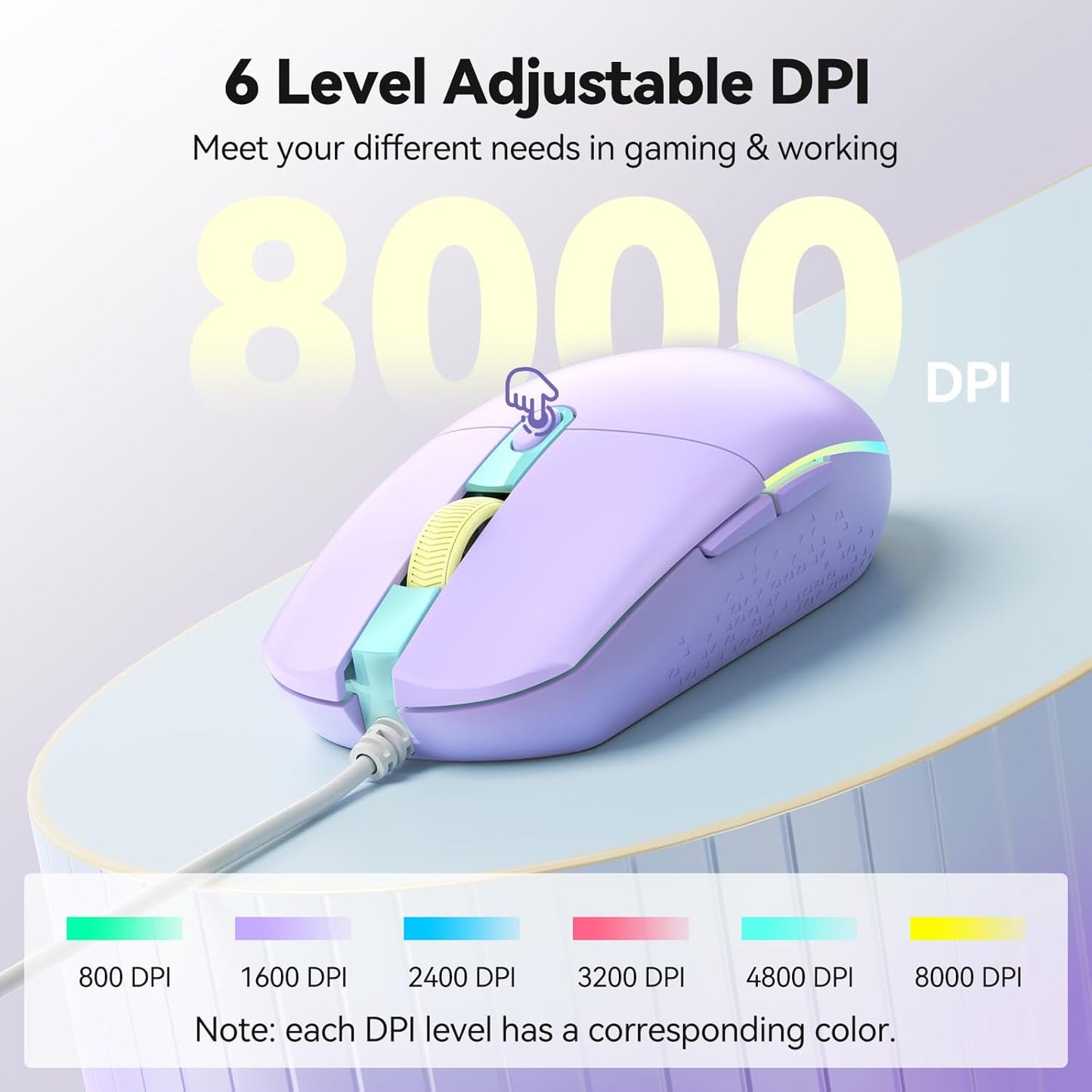 TECKNET Wired Mouse with RGB Backlit, Full Size Mouse with Side Buttons | Up to 8000 DPI, Plug and Play Silent Corded USB Computer Mouse, 7 Adjustable RGB Lighting Modes, Office and Gaming Mice