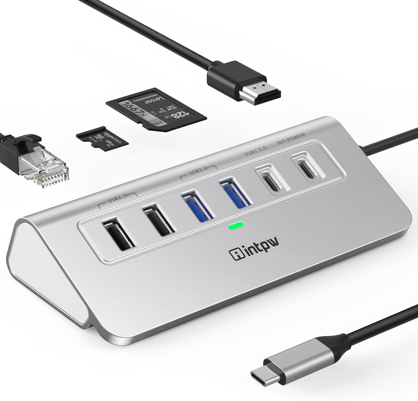 intpw 10-in-1 USB C Hub, P9R Powered USB Hub with 4K HDMI, 3 USB 3.0 5Gbps, PD 100W, 1Gbps Ethernet, SD/TF, Aluminum USB Hub for Laptop, MacBook Pro/Air, iPad Pro, iPhone 17, Dell, HP