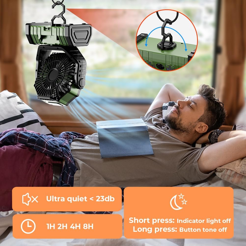 Camping Fan - 20000mAh Battery Powered Fan Rechargeable with LED Lantern - Portable Outdoor Tent Fans with Hanging Hook 4 Speeds Wind Remote Control, Green