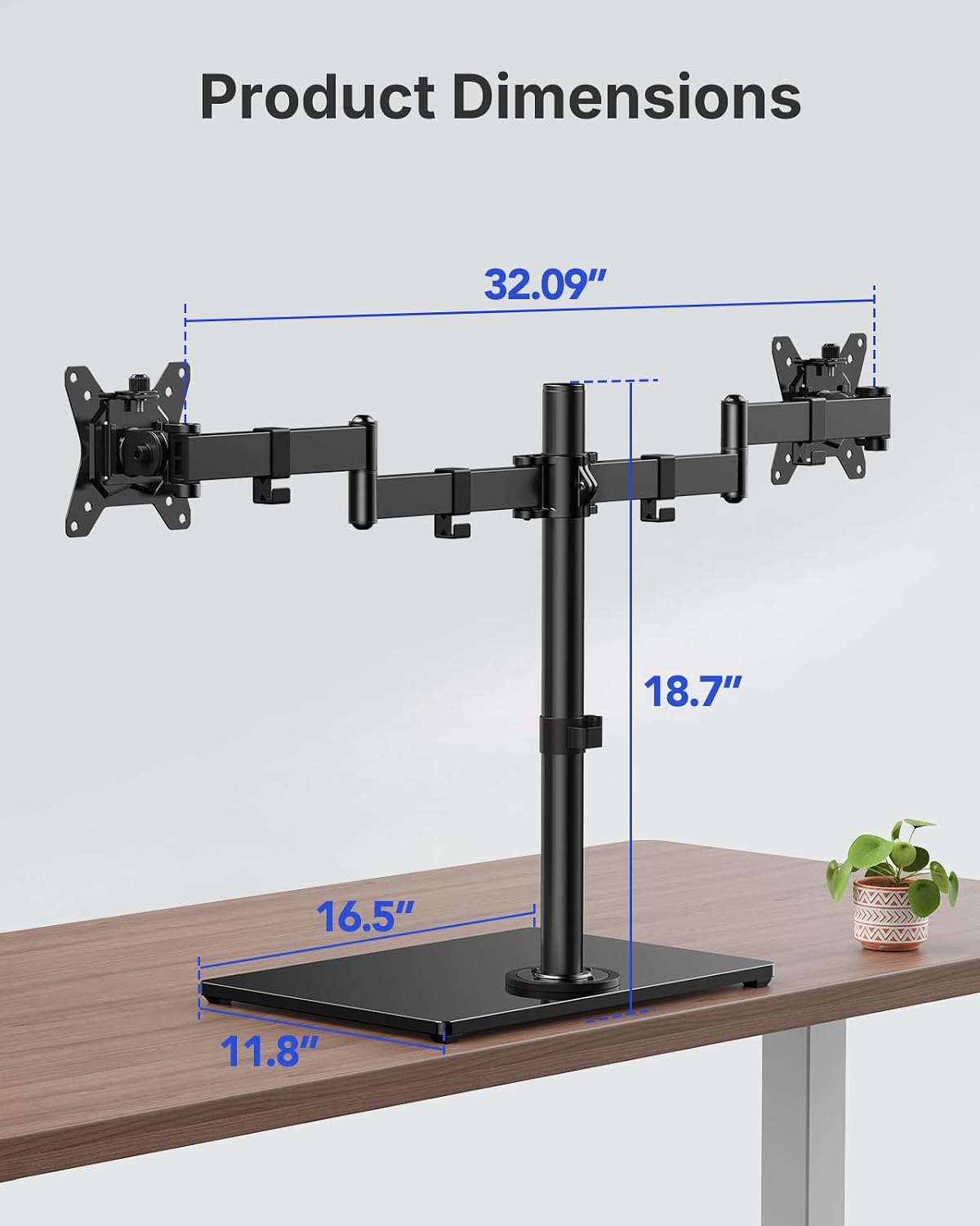 HUANUO Free Standing Dual Monitor Stand for 13-32 Inch Monitors, Glass Base | Free Standing Base, Two Setup Options, Adjustable Dual Arms, 22 lbs per Arm, VESA 75x75/100x100mm, Easy Portrait Rotation
