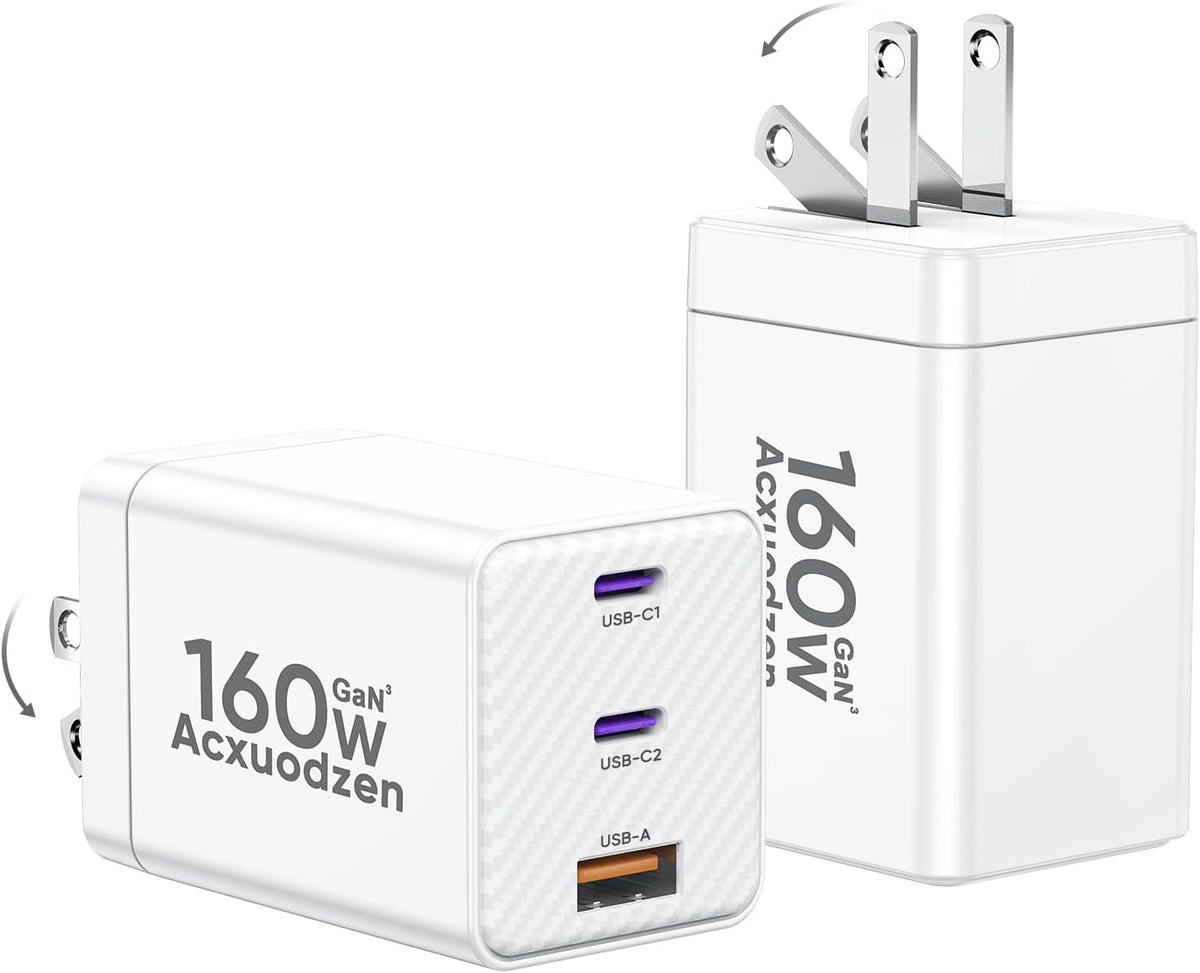 2 Pack USB C Charger Block 160W, 3-Port GaN Dual 65W Type C Charging Block | Foldable QC3.0 Laptop Fast Charging for MacBook, iPhone, Samsung, Galaxy, iPad, Android, White