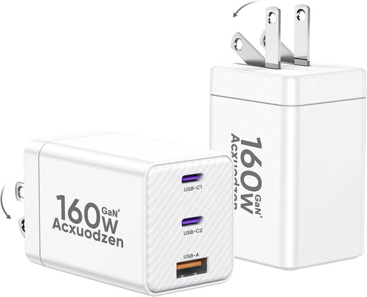 2 Pack USB C Charger Block 160W, 3-Port GaN Dual 65W Type C Charging Block | Foldable QC3.0 Laptop Fast Charging for MacBook, iPhone, Samsung, Galaxy, iPad, Android, White