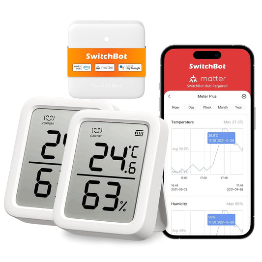 SwitchBot Thermometer Hygrometer, Bluetooth Indoor Humidity Meter for Home, Temperature Sensor with App Control, Large LCD Display, Notification Alerts (Meter Plus *2+Hub mini)