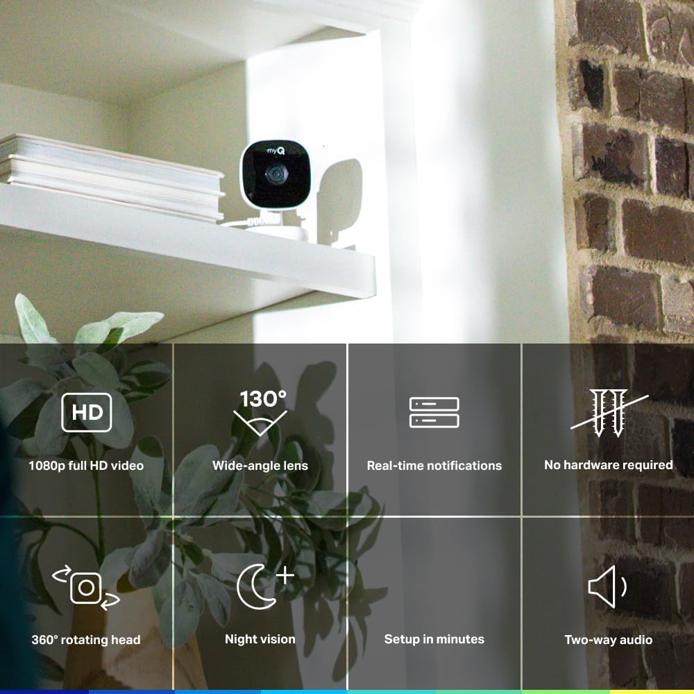 Chamberlain myQ Smart Indoor Security Camera – 1080p HD Video, Night Vision, Motion Detection, Wi-Fi, Two-Way Audio, Smartphone Control