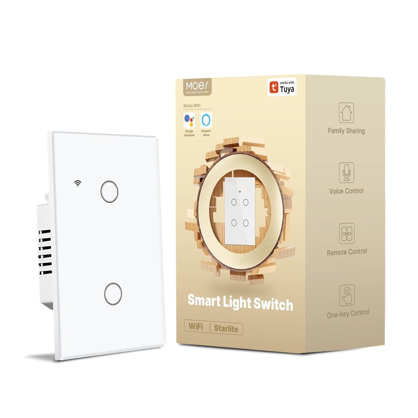 MOES 2nd Generation Smart Touch Wall Switch, 2.4GHz Wi-Fi Single Fire Single Pole Switch, No Neutral Wire Required, Remote MOES APP Control, Compatible with Alexa and Google Home 110V White 1 Gang