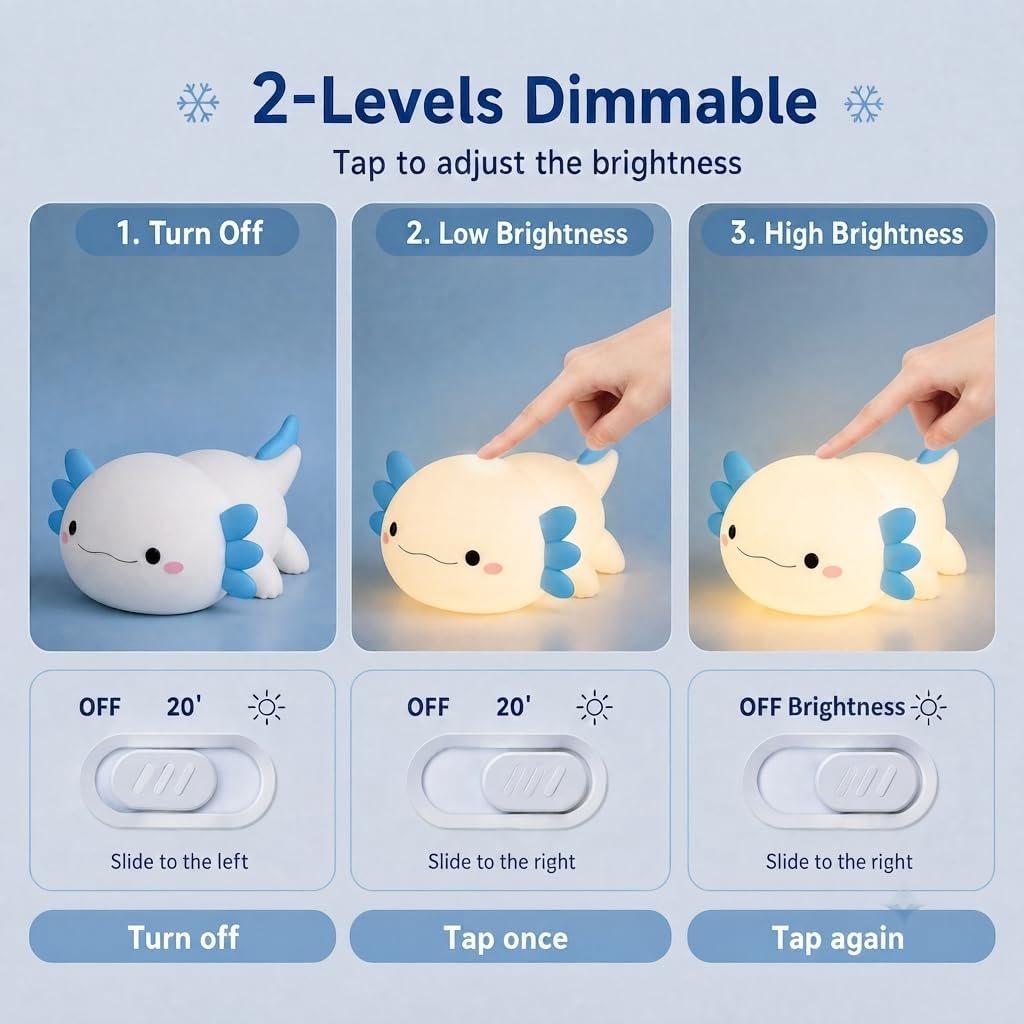 Blue Axolotl Night Light for Kids, Squishy Silicone Nursery Lamp | Touch Control, 24-Hour Battery, 20-Min Timer, 3000K Warm LED, BPA-Free Silicone, Baby Nursery Decor, Gift for Kids