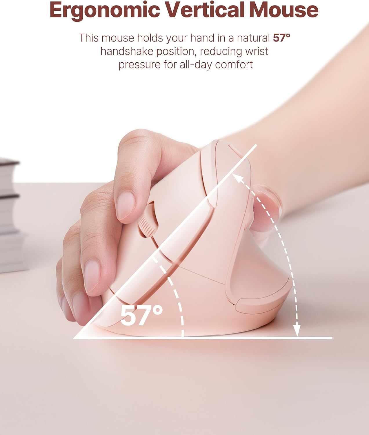 Ergonomic Mouse, USB+Bluetooth Dual Connection, Wireless Vertical Mouse for Reducing Wrist Pain, 1000/1600/2400 DPI, Ergo Mouse with Quiet Click for Windows Mac OS PC Computer Laptop, Pink