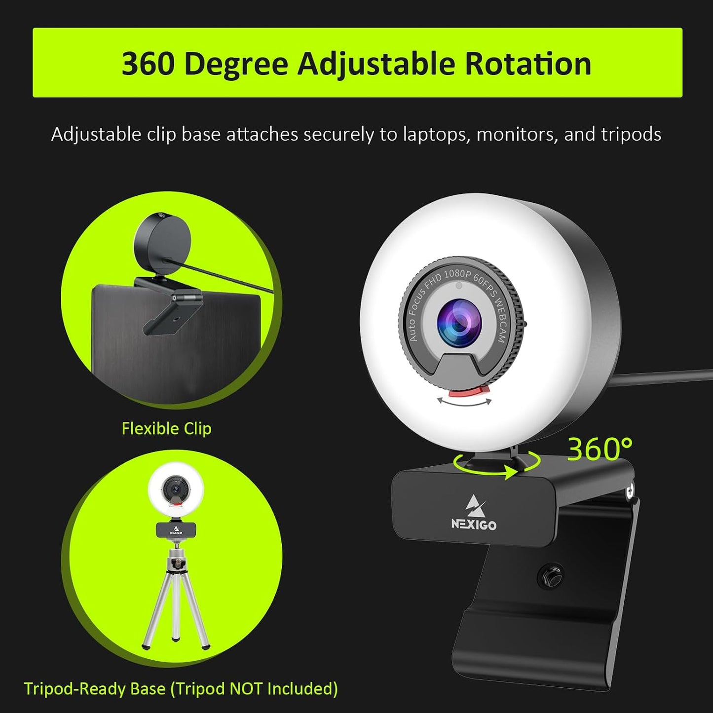 NexiGo N960E 1080P 60FPS Webcam with Light, Software Included, Fast AutoFocus, Built-in Privacy Cover, USB Web Camera, Dual Stereo Microphone, for Zoom Meeting Skype Teams Twitch