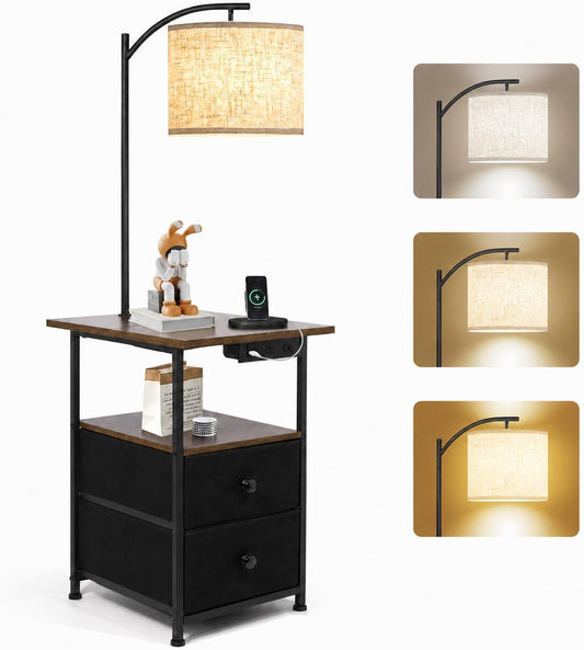 PESRAE Floor Lamp with Table & 2 Drawers, End Table with 3 Color Temperature Reading Light, Side Table Lamp with USB & Type C & AC Charging Port for Living Room, Bedroom
