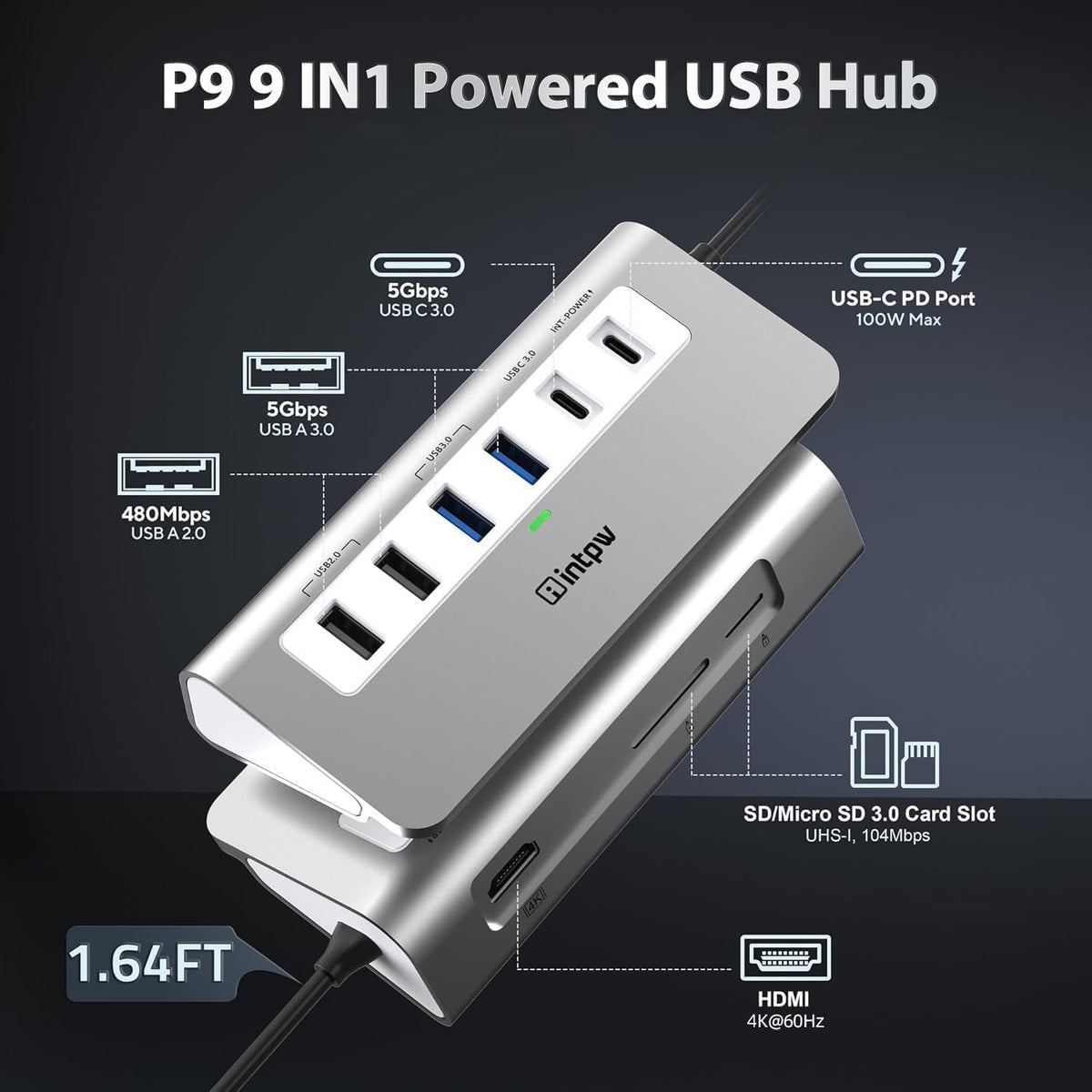 intpw USB C Hub, P9 USB C Hub Multiport Adapter with 4K@60Hz HDMI, PD 100W, Type-C & 2 USB A 3.0 5Gbps, 2 USB A 2.0, SD/TF Card Reader, Aluminum USB Hub for Laptop, iPhone 17 Series, MacBook, iPad
