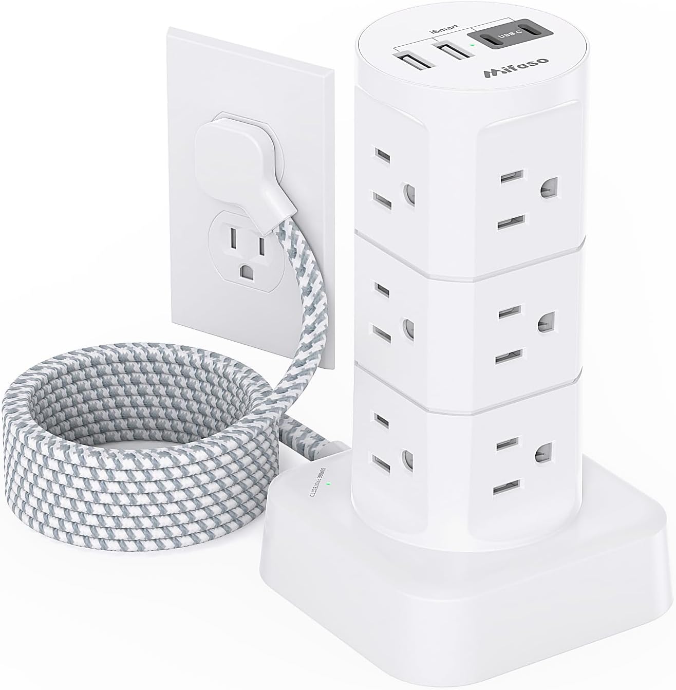 Power Strips with Surge Protection, Flat Plug Power Strip Tower | Charging Station 12 Outlets 4 USB Ports, 1080J 6Ft Extension Cord with Multiple Outlets, Office Supplies, Dorm Essentials
