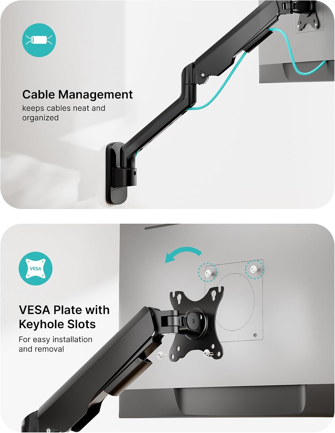 PEGZONE Single Monitor Wall Arm 17"-40" Ultrawide 26.4Lbs VESA Black | Fully Adjustable, Space Saving Design, VESA 75x75 & 100x100, For Home Office Gaming, Supports Ultrawide Displays