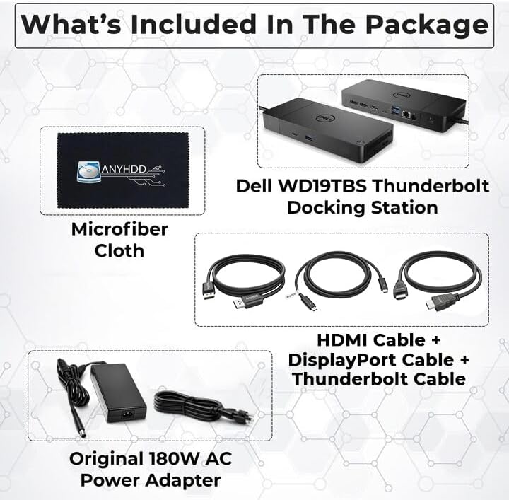 Dell WD19TBS Thunderbolt Dock Bundle - 4K Display, 1 Year Warranty, Dell Docking Station Dual Monitor with 180W Adapter, Anyhdd HDMI, DisplayPort, Thunderbolt Cable - Laptop & Computer Docking Station