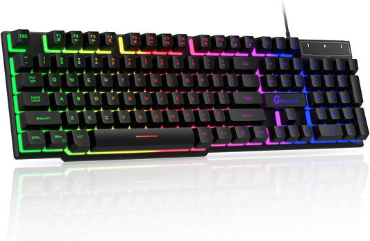 GEODMAER 104 Keys Gaming Keyboard, Full Size LED Backlit Wired Keyboard with Multimedia Keys, Anti-Ghosting, Spill-Resistant Membrane Gaming Keyboard for PC Laptop