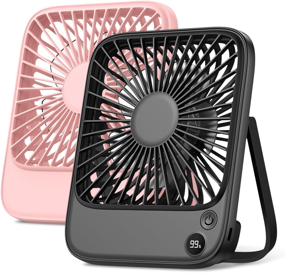 TOPK 2 Pack Portable Desk Fan 5000mAh, Quiet, Ultra-Thin | Rechargeable Fans, 4-Speed Quiet, LED Display For Office, Bedroom, Cruise & Travel