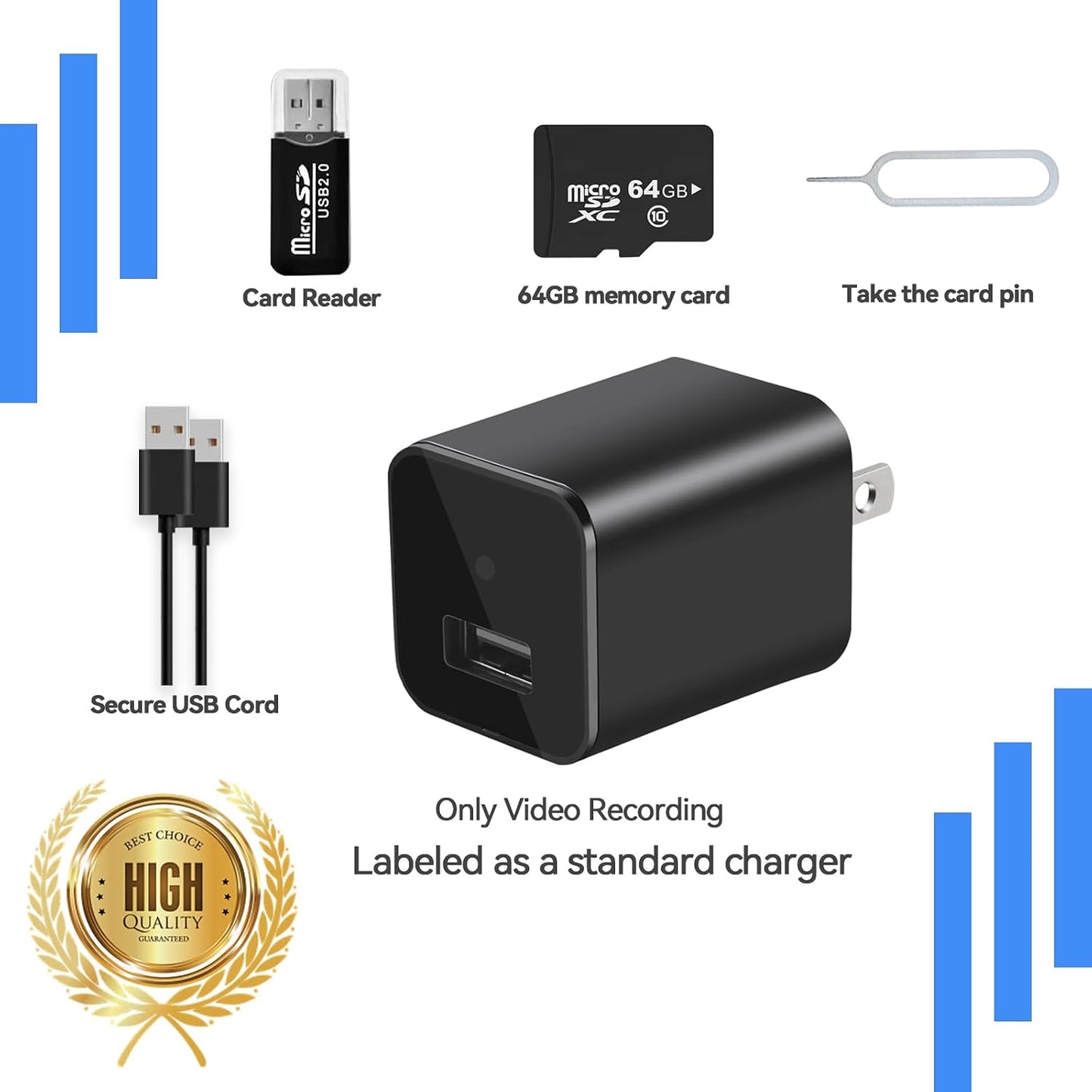 Charger Camera, 1080P Small Camera with Motion Detection, Camera with 64GB Micro SD Card Included, Nanny Camfor Home, Window, Indoor and Security (No WiFi)