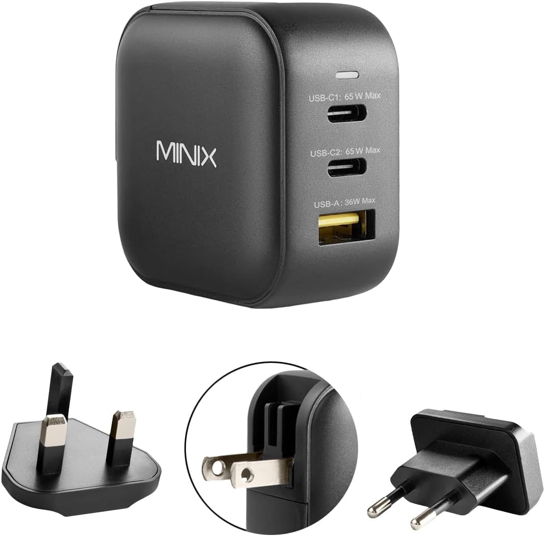 MINIX P1 66W Turbo 3-Port GaN Travel Wall Charger USB C Fast Power Adapter | Foldable Plug (2x USB-C, 1x USB-A) Compatible with MacBook Pro Air, iPad Pro, iPhone 17/16/15/13, Galaxy S25 (US/UK/EU Plugs)