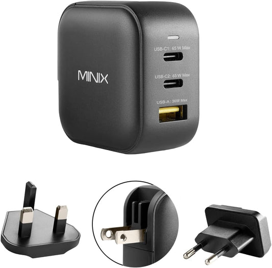 MINIX P1 66W Turbo 3-Port GaN Travel Wall Charger USB C Fast Power Adapter | Foldable Plug (2x USB-C, 1x USB-A) Compatible with MacBook Pro Air, iPad Pro, iPhone 17/16/15/13, Galaxy S25 (US/UK/EU Plugs)