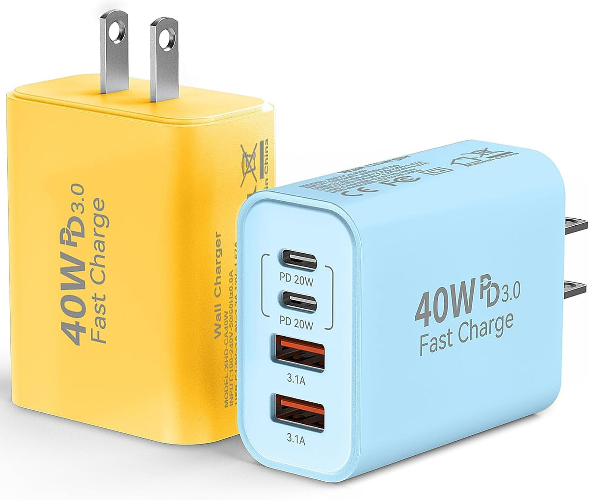 USB C Wall Fast Charger Block, 40W 4-Port Type C Charger Fast Charging Blocks PD Power Charger Adapter+QC 3.0 USB Multiport Charger Brick for iPhone 17/16/15/14/13/12 Pro Max, iPad, Galaxy S25-2Pack