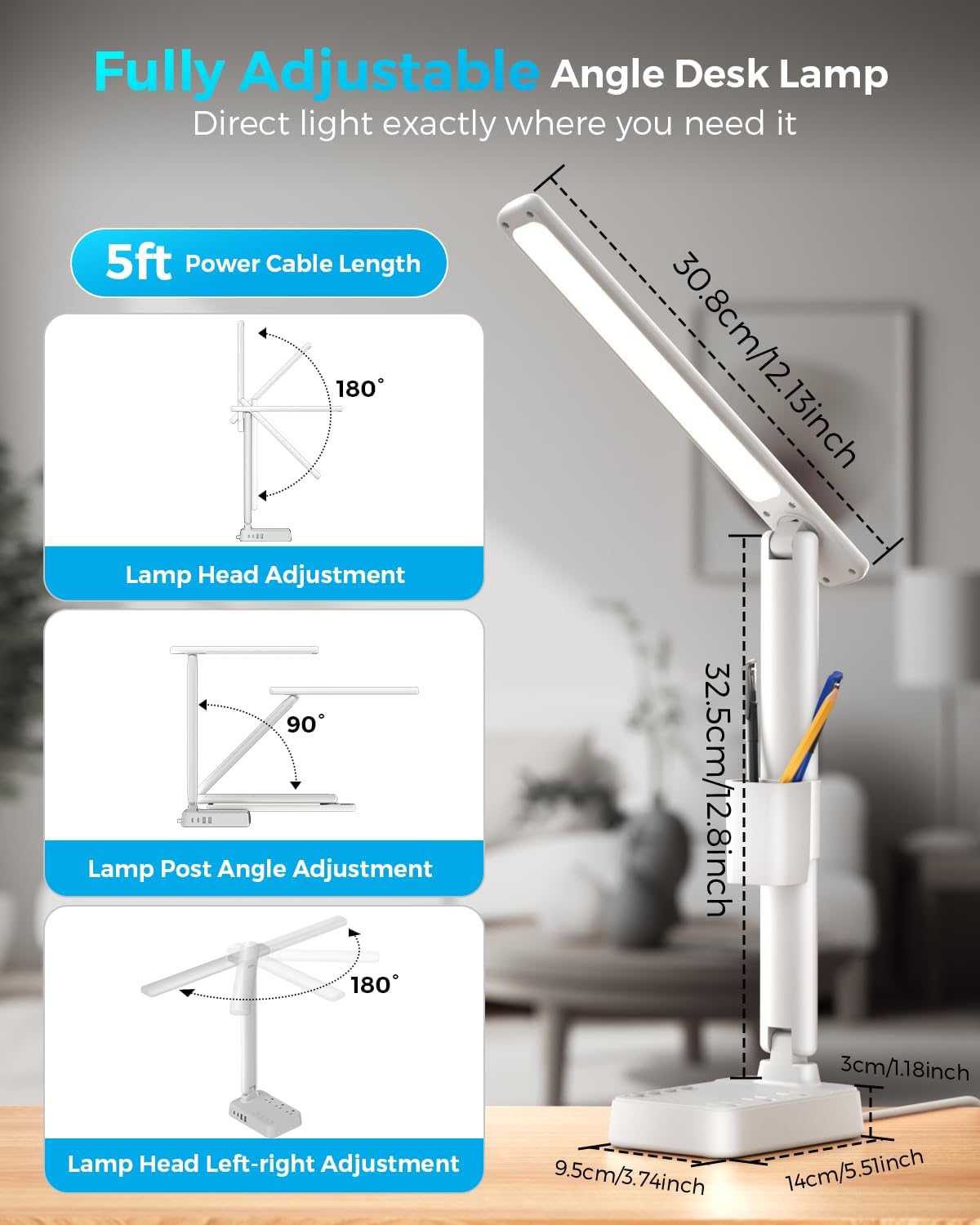 LED Desk Lamp with Power Strip, 3 AC Outlets, 4 USB Ports, Stepless Dimming