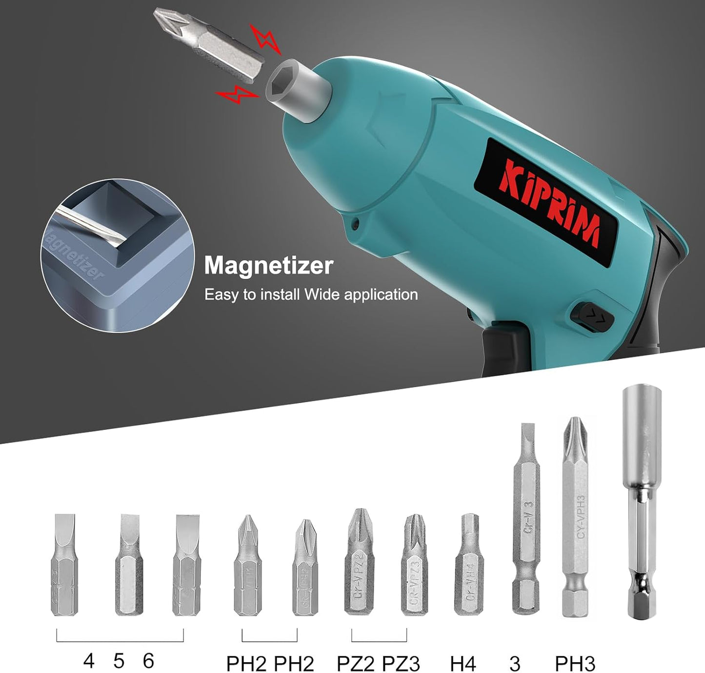 Kiprim ES3 4V Cordless Electric Screwdriver, Power Indicator Light Blue | Compact 4V cordless screwdriver with built‑in rechargeable battery.Equipped with front LED working light and power indicator.