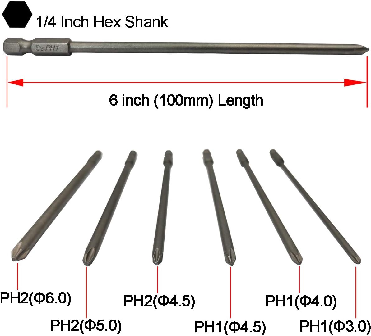 YDLQWCZ Long Phillips Cross Screwdriver Bit Sets PH1(Φ3.0) PH1(Φ4.0) PH1(Φ4.5) PH2(Φ4.5) PH2(Φ5.0) PH2(Φ6.0) 6 Pieces 6 Inch Length S2 Steel Cross Phillips Screwdriver Bit Set(6Pcs Cross Head)
