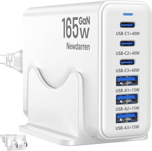 165W Charging Station, 6 Port Desktop Charger, 3 Ports 40W White | USB Charger Block, 3 x USB A 15W, 3 x USB C 40W, Compatible with iPhone, Galaxy, MacBook, iPad, Home Office, Travel and More