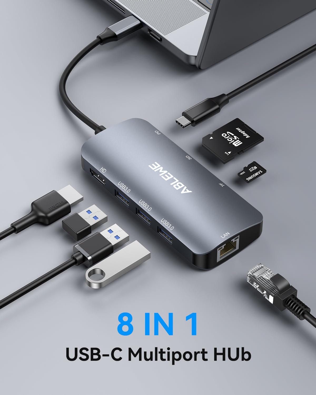 ABLEWE USB C Hub Ethernet 8-in-1, Multiport USB C to HDMI Hub, 4K@60Hz,1000Mbps, 100W PD, 3 USB 3.0 Ports, Docking Station Compatible with MacBook Pro/Air, Tablet, Phone, Type C Devices