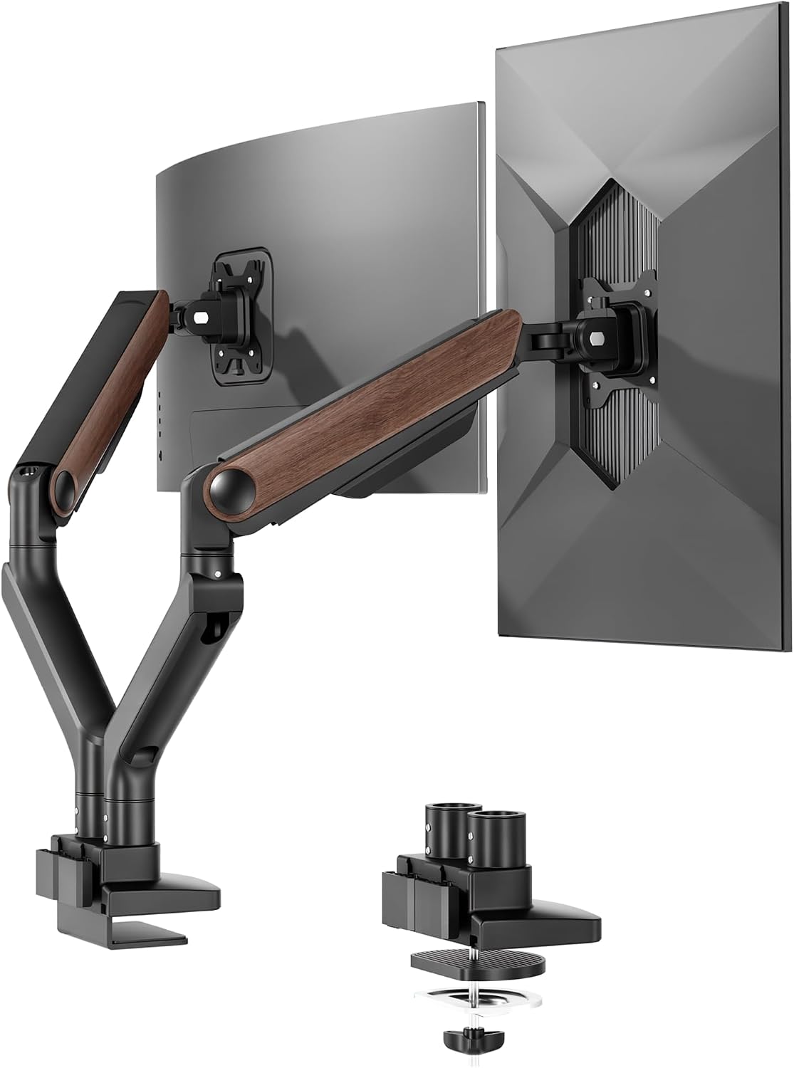 FlexiSpot Monitor Stand, Heavy Duty Dual Monitor Arm for Ultrawide Screen up to 39" and 44 Lbs, Adjustable Gas Spring Arm with C Clamp & Grommet Base for Gaming Office, 75/100 VESA Mount, Wood Grain