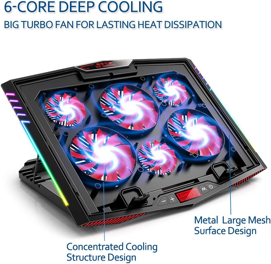 MeFee RGB Laptop Cooling Pad for 15.6-21 Inch Professional Gaming Laptop Cooler with 6 Quiet Fans and Button Control, Pure Metal Panel Portable Cooler