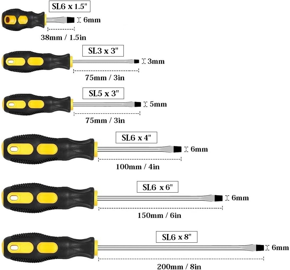 6-Piece Magnetic Slotted Screwdriver Set, Professional Cushion Grip | Flat Head Screwdrivers Hand Tool Set