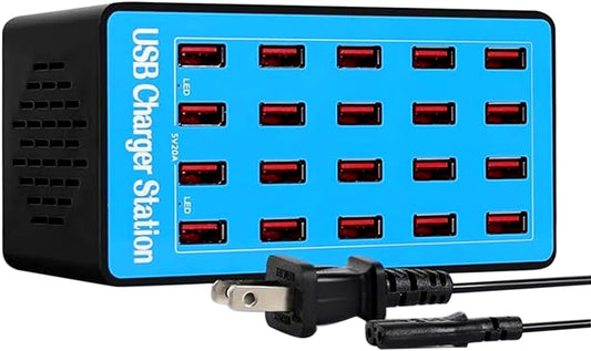 100W 20-Port Multi-Device USB Charging Station - Supports simultaneous Charging for Smartphones, Tablets, smartwatches and Other USB-Powered Devices.(20 Port Charger Station-Blue)